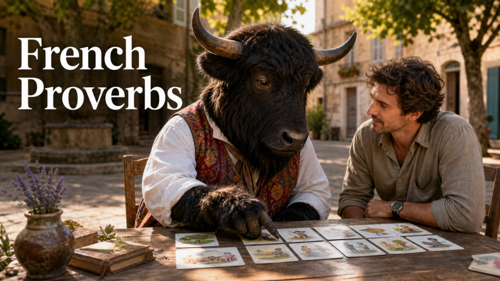 Adult Yak Yacker teaching French proverbs in a Provençal village square.