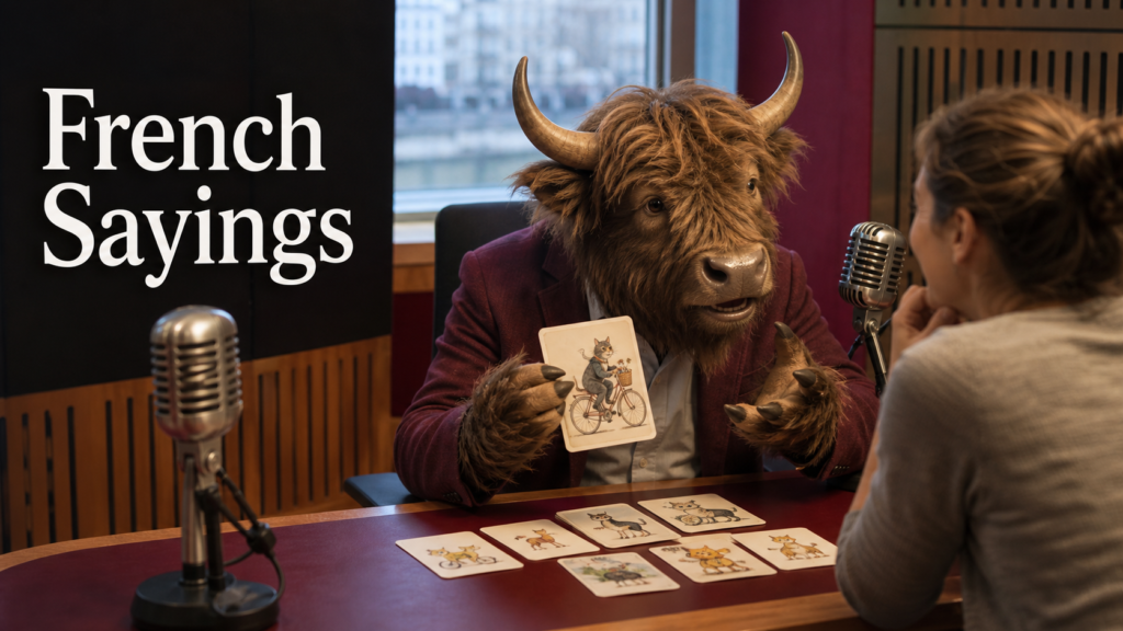 Adult Yak Yacker teaching French sayings in a Lyon radio studio.