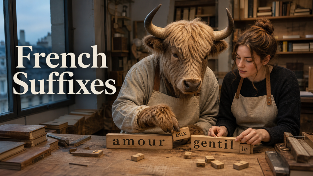 Adult Yak Yacker teaching French suffixes in a Parisian bookbinding workshop.