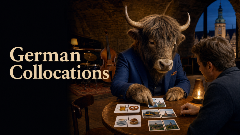 Adult Yak Yacker teaching German collocations in a Leipzig jazz cellar.