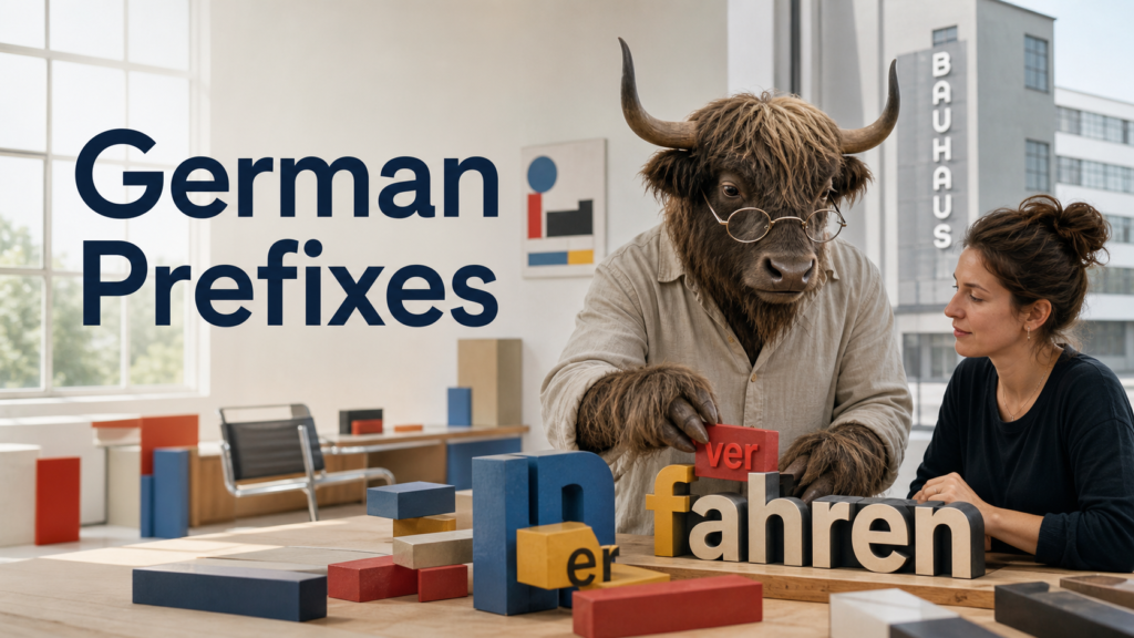 Adult Yak Yacker explaining German prefixes in a Bauhaus-inspired studio.