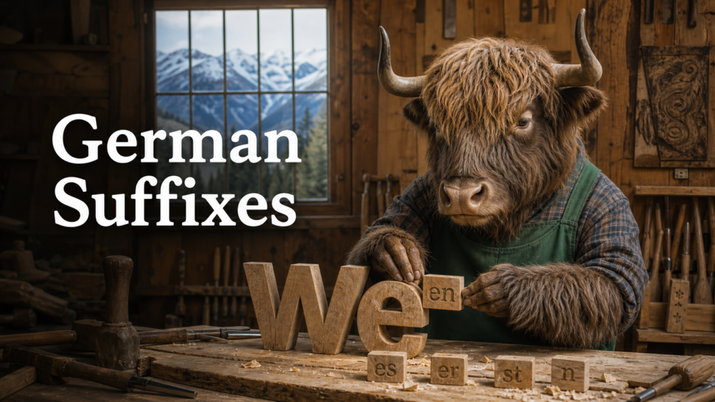 Adult Yak Yacker demonstrating German suffixes in an alpine woodcarving workshop.