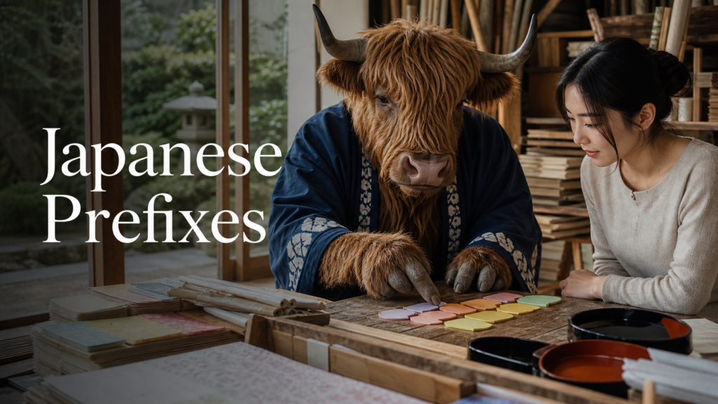 Adult Yak Yacker teaching Japanese prefixes in a Kyoto stationery studio.