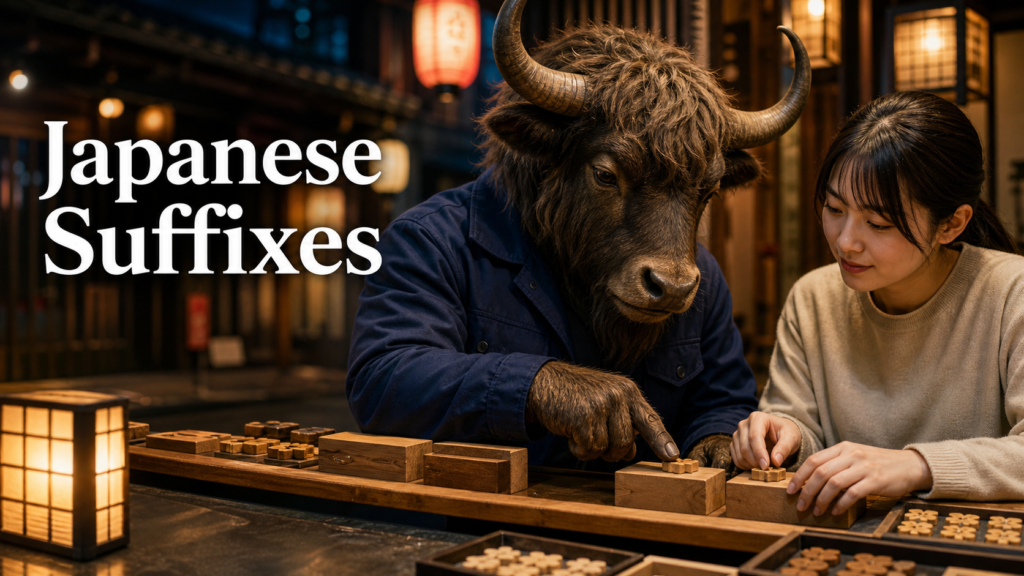 Adult Yak Yacker teaching Japanese suffixes in an Osaka craft counter.