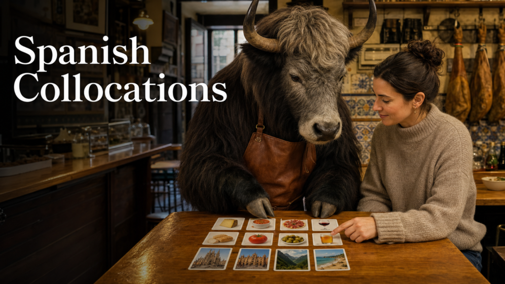Adult Yak Yacker teaching Spanish collocations in a Madrid tapas bar.