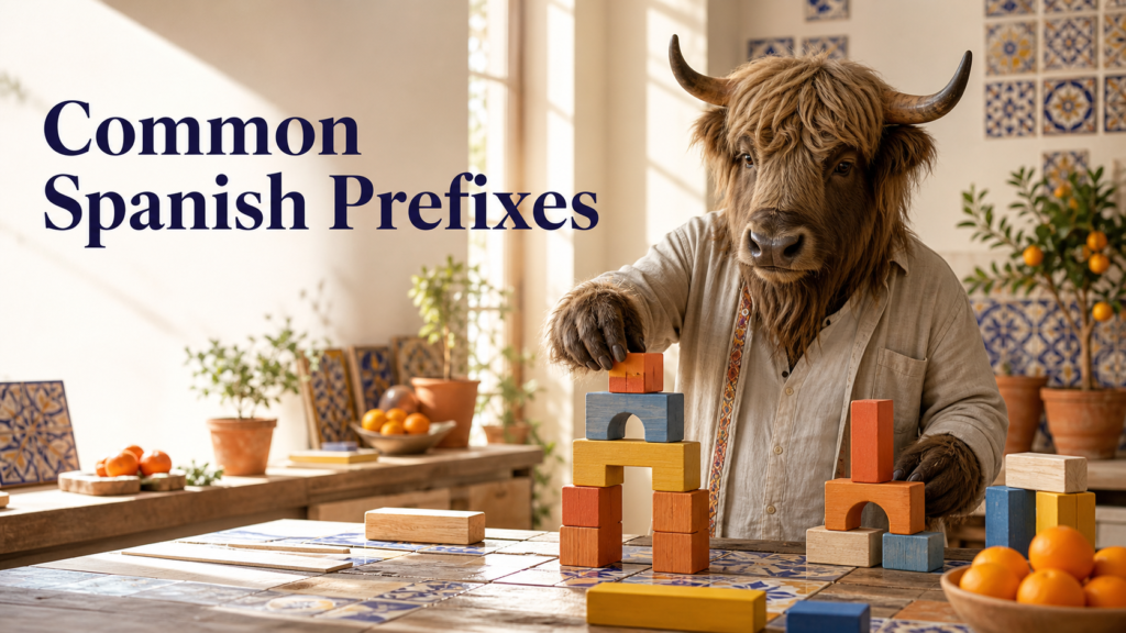 Adult Yak Yacker explaining common Spanish prefixes with colorful building blocks in a Barcelona tile studio.