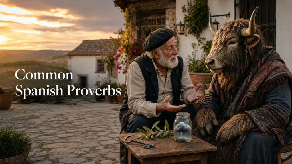 Adult Yak Yacker sharing common Spanish proverbs in a rustic village courtyard.