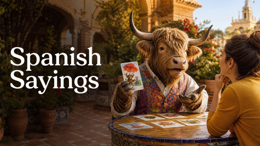 Adult Yak Yacker teaching Spanish sayings in a Seville courtyard.
