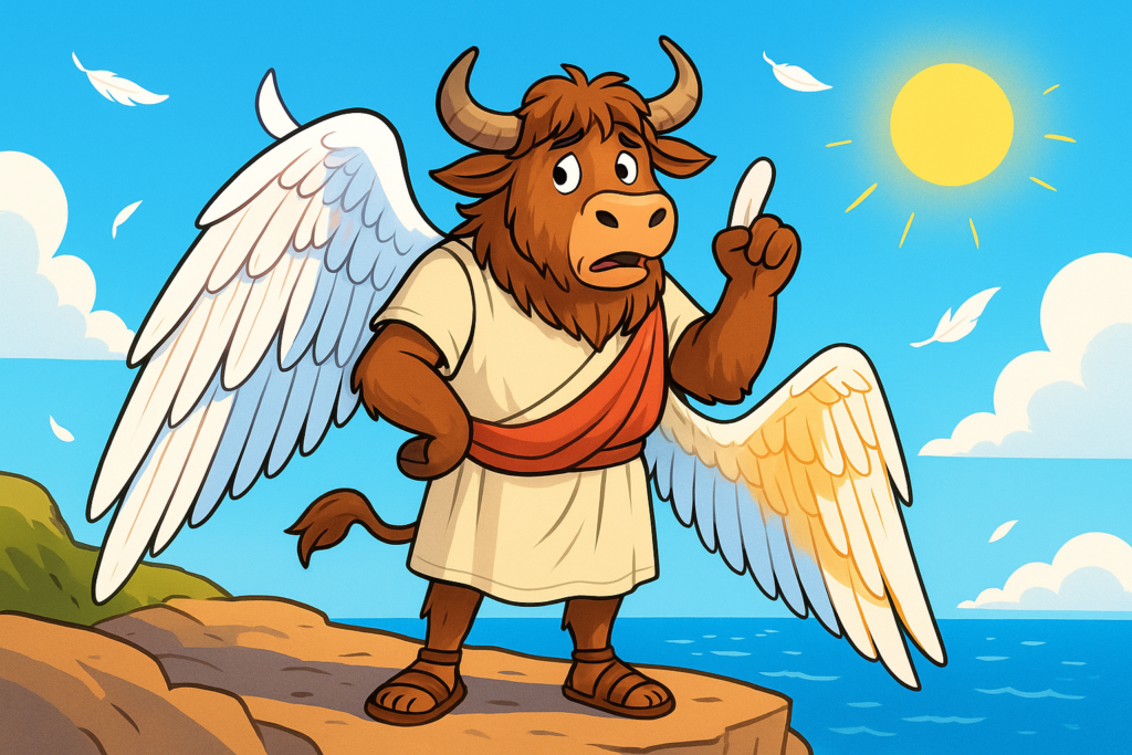 A cartoon yak dressed in a Greek tunic stands on a cliff holding feathered wings, with the sea and sun behind, illustrating the story of Daedalus and Icarus.