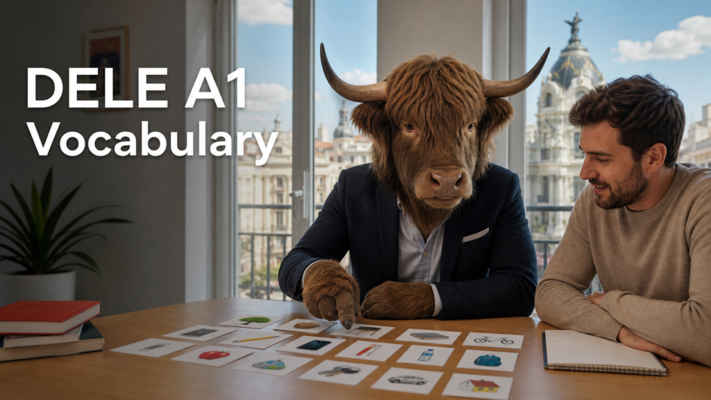 Adult Yak Yacker teaching DELE A1 Spanish vocabulary in a Madrid exam room.