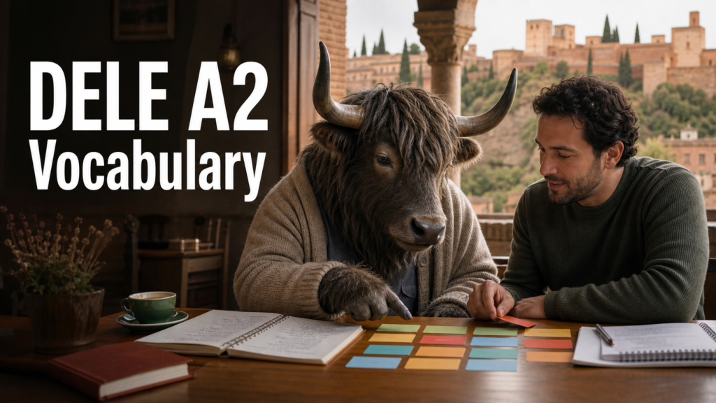 Adult Yak Yacker teaching DELE A2 Spanish vocabulary in a Granada study café.