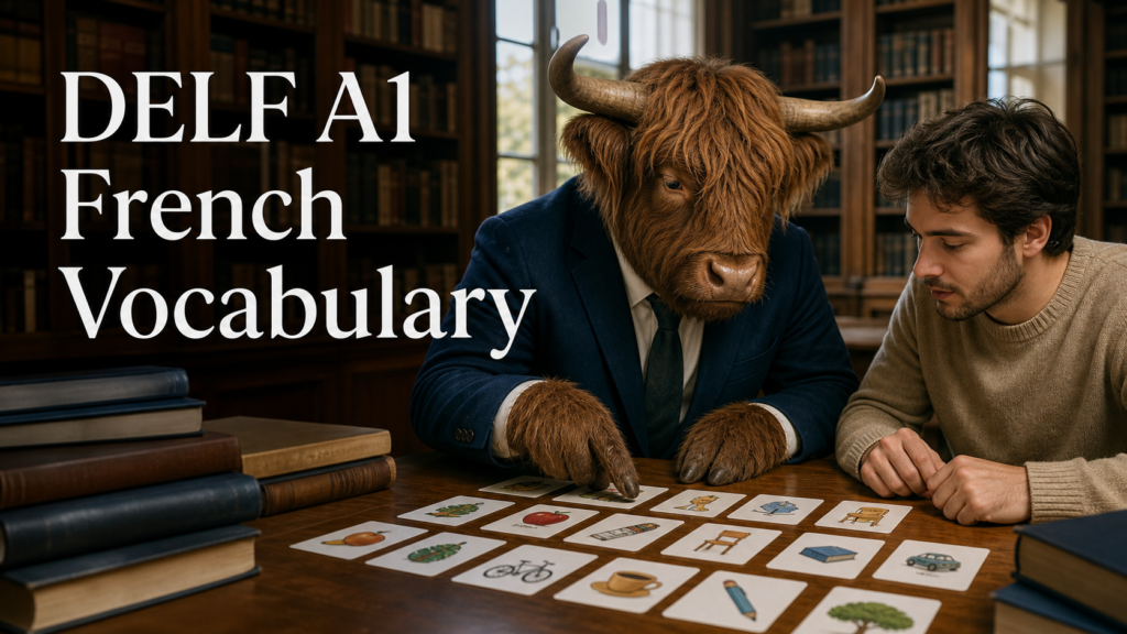 Adult Yak Yacker teaching DELF A1 French vocabulary in a Paris library.