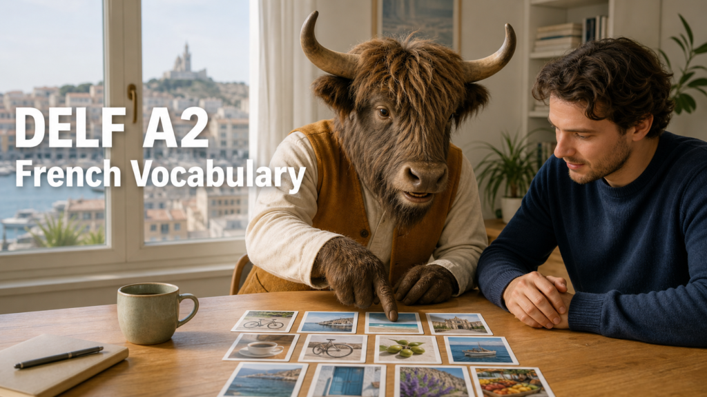 Adult Yak Yacker teaching DELF A2 French vocabulary in a Marseille study room.