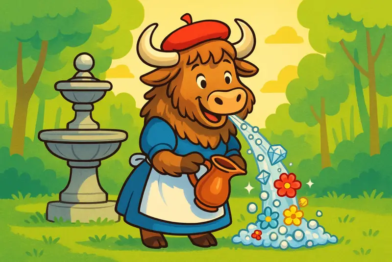 A personified yak in a blue dress, white apron, and red beret stands by a fountain in a forest. From its smiling mouth, diamonds and bright flowers spill onto the grass. The yak looks gentle and surprised, with shaggy fur and curved horns.