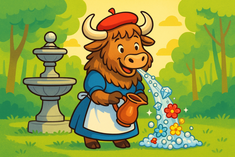 A personified yak in a blue dress, white apron, and red beret stands by a fountain in a forest. From its smiling mouth, diamonds and bright flowers spill onto the grass. The yak looks gentle and surprised, with shaggy fur and curved horns.