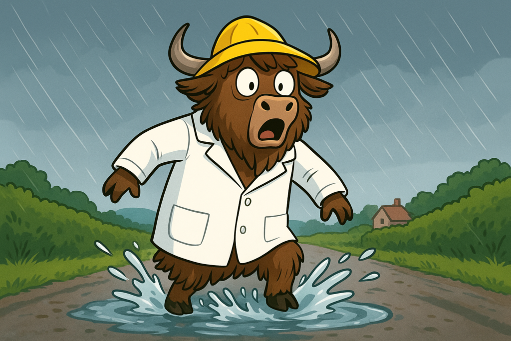 A personified yak dressed as Doctor Foster, wearing a white coat and yellow rain hat, steps into a large puddle on a rainy road, splashing water, with a surprised expression.