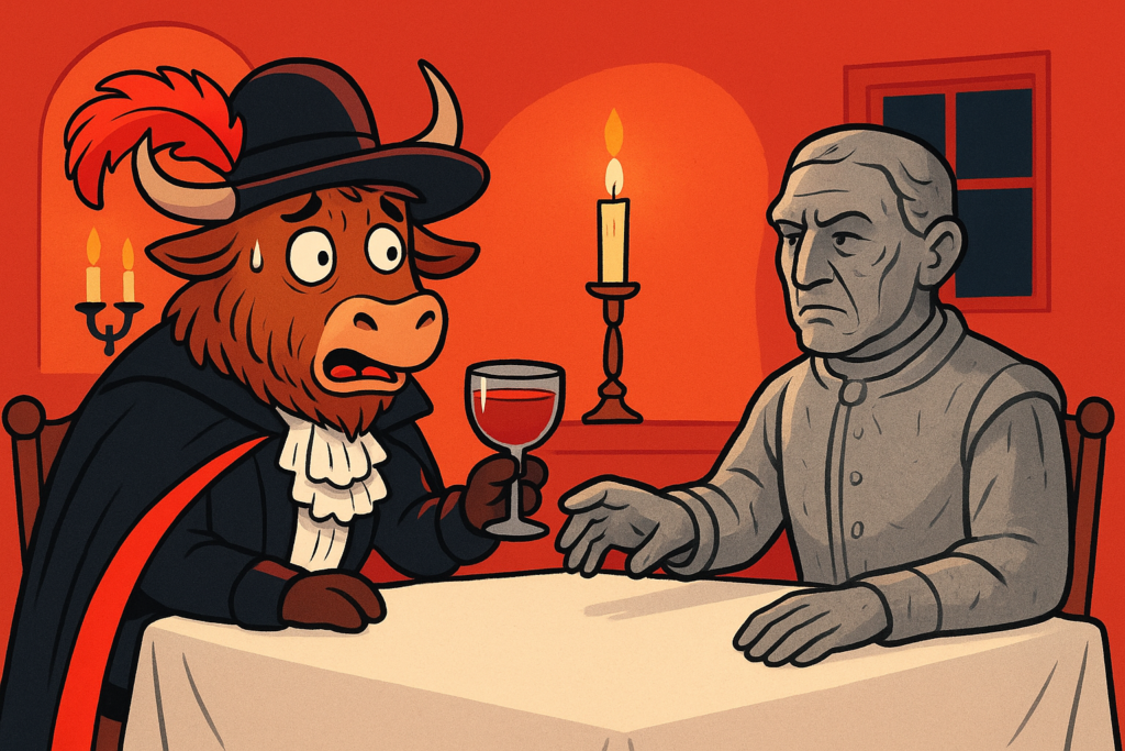 A personified yak dressed as Don Juan in a black cape and hat with a red feather, sitting at a candlelit table across from a stone statue of a stern man. The yak appears both frightened and trying to look confident. Colorful editorial illustration.