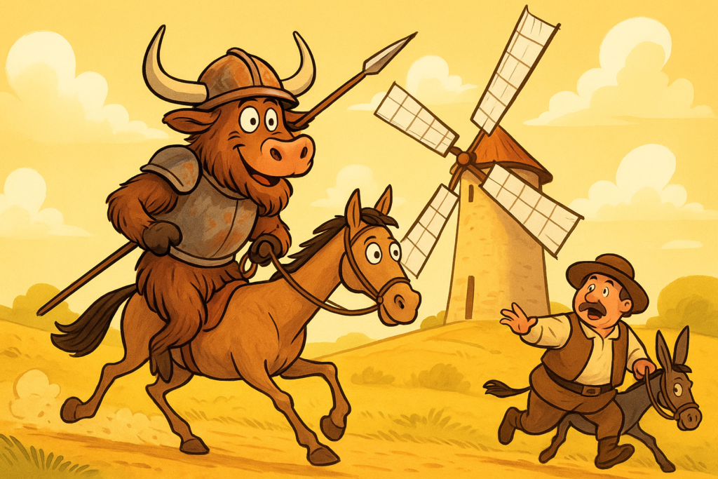 A yak dressed as Don Quixote in rusty armor, riding a thin horse and charging at a windmill with a lance, while a frantic Sancho Panza gestures in the background.