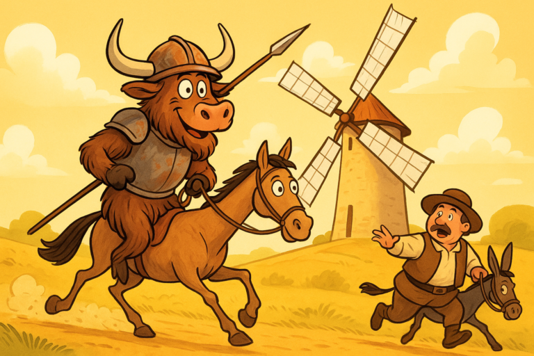 A yak dressed as Don Quixote in rusty armor, riding a thin horse and charging at a windmill with a lance, while a frantic Sancho Panza gestures in the background.