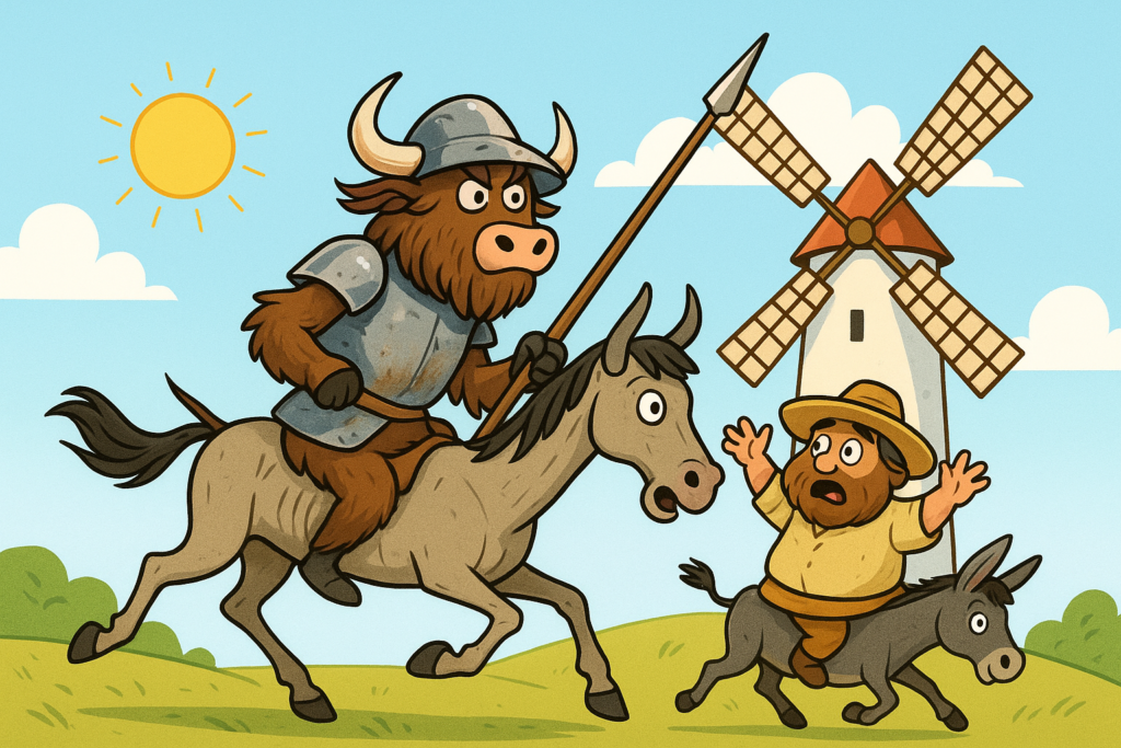 A yak dressed as Don Quixote in a barber's basin helmet and armor charges toward a windmill on a skinny horse, while a second yak as Sancho Panza waves a warning from a donkey.