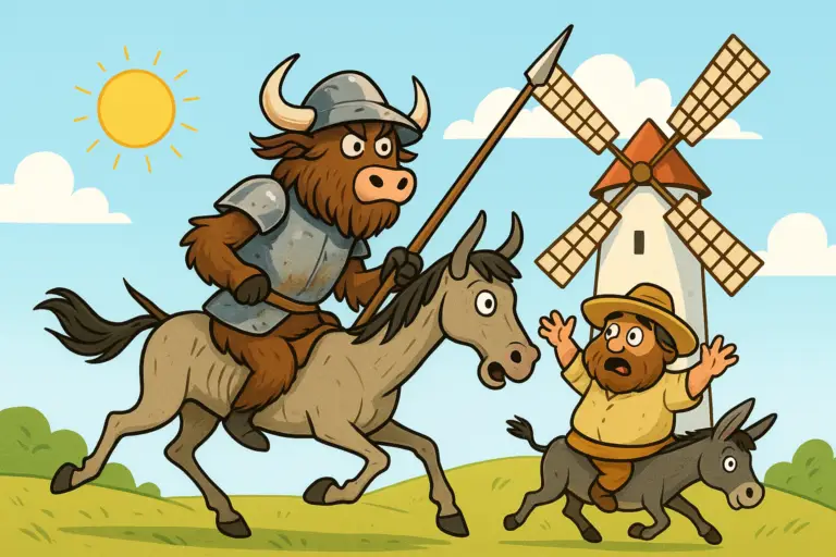A yak dressed as Don Quixote in a barber's basin helmet and armor charges toward a windmill on a skinny horse, while a second yak as Sancho Panza waves a warning from a donkey.
