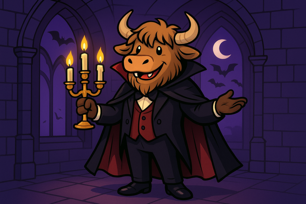 A cartoon yak dressed as Count Dracula stands in a moonlit castle hallway, holding a candelabra and smiling with pointed teeth.