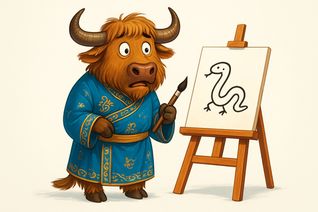 A personified yak in a blue Chinese robe holding a calligraphy brush, standing next to an easel showing a snake drawing with four feet.