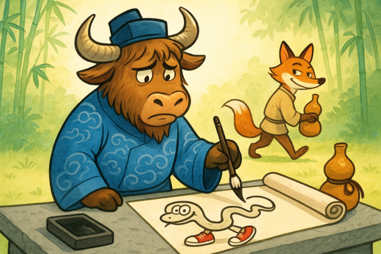 A personified yak dressed in a blue Chinese robe holds a brush beside a scroll showing a snake drawing with human feet. A fox steals a gourd of wine in the background.
