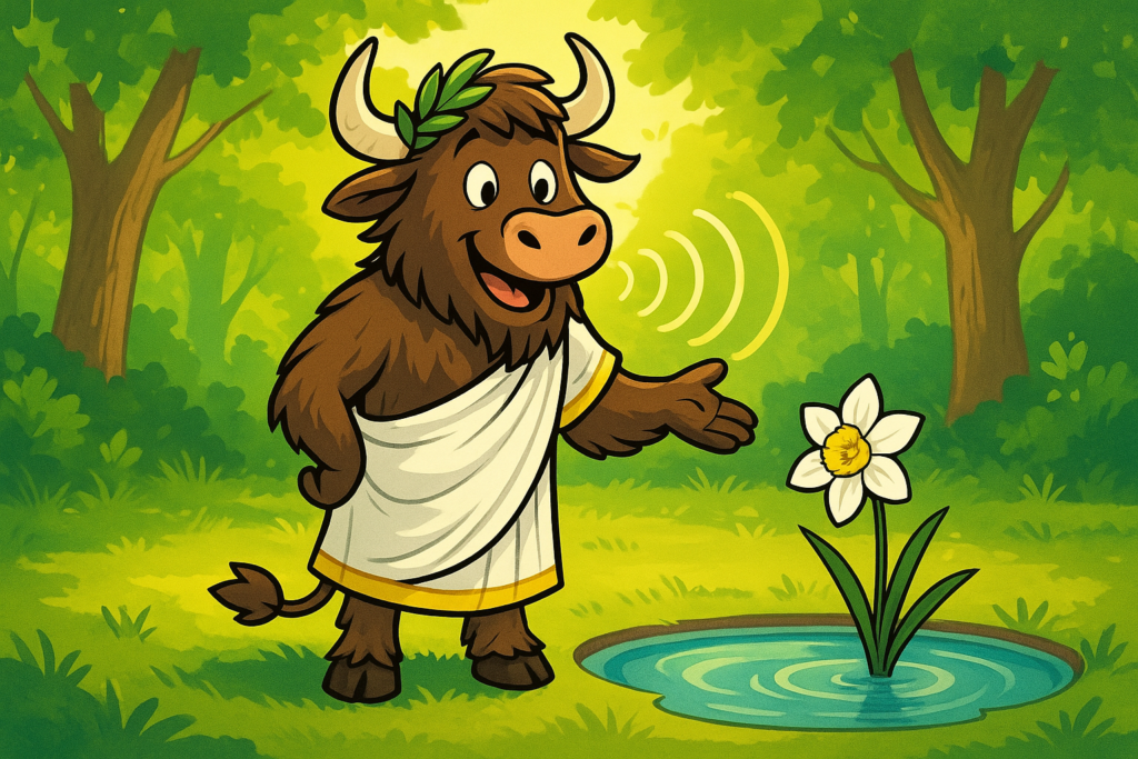 A cartoon yak dressed in a Greek chiton and laurel wreath stands in a bright forest, pointing at a pool of water with a reflected flower, while sound waves ripple from its mouth.