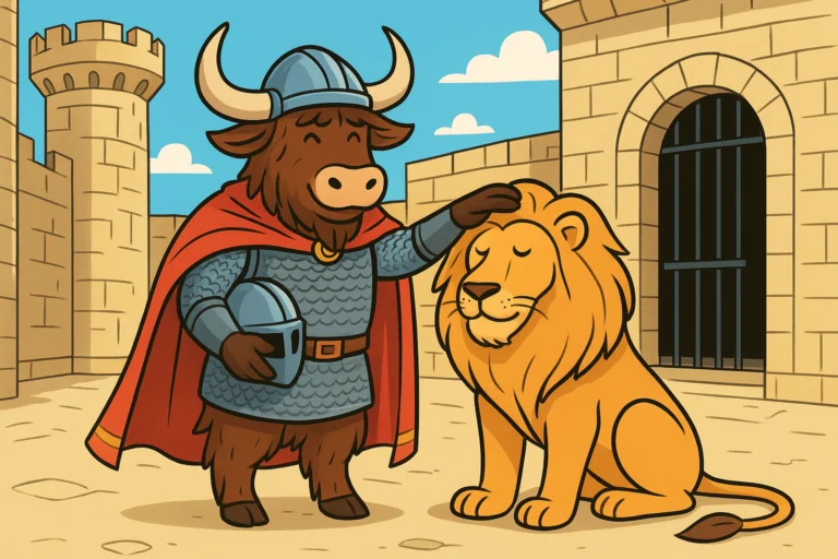 A cartoon illustration of the Yak Yacker mascot, a shaggy yak with curved horns dressed as a medieval knight, gently touching the head of a calm lion in a castle courtyard.