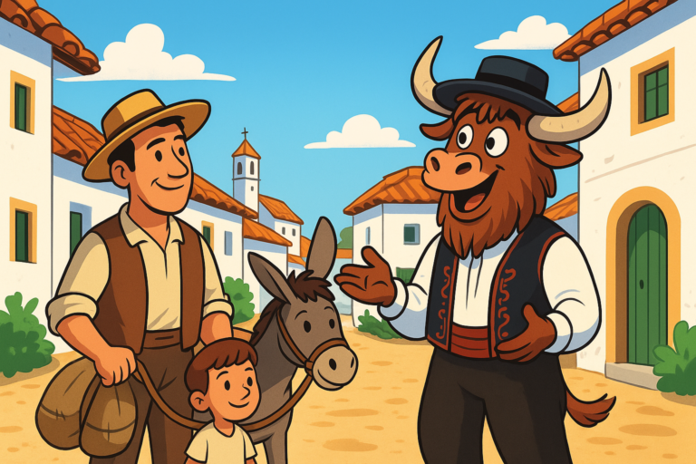A personified yak mascot dressed in Spanish village attire offers advice to a man and his son walking with a donkey on a sunny Spanish road.