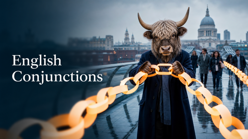 Adult Yak Yacker illustrating English conjunctions with a glowing chain on a London footbridge.