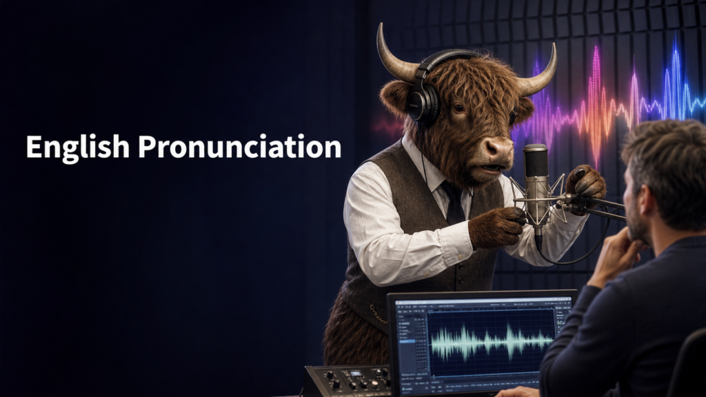 Adult Yak Yacker coaching English pronunciation in a professional recording studio.