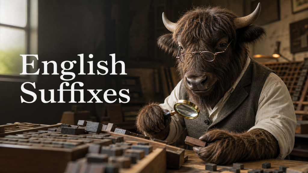 Adult Yak Yacker exploring English suffixes in a vintage letterpress workshop.