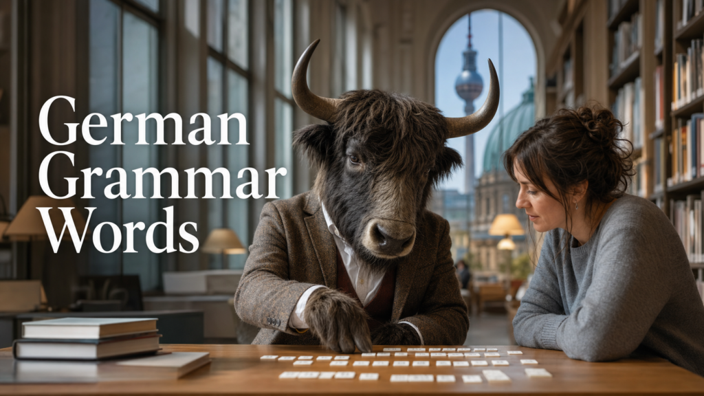 Adult Yak Yacker explaining German grammar words in a Berlin library.