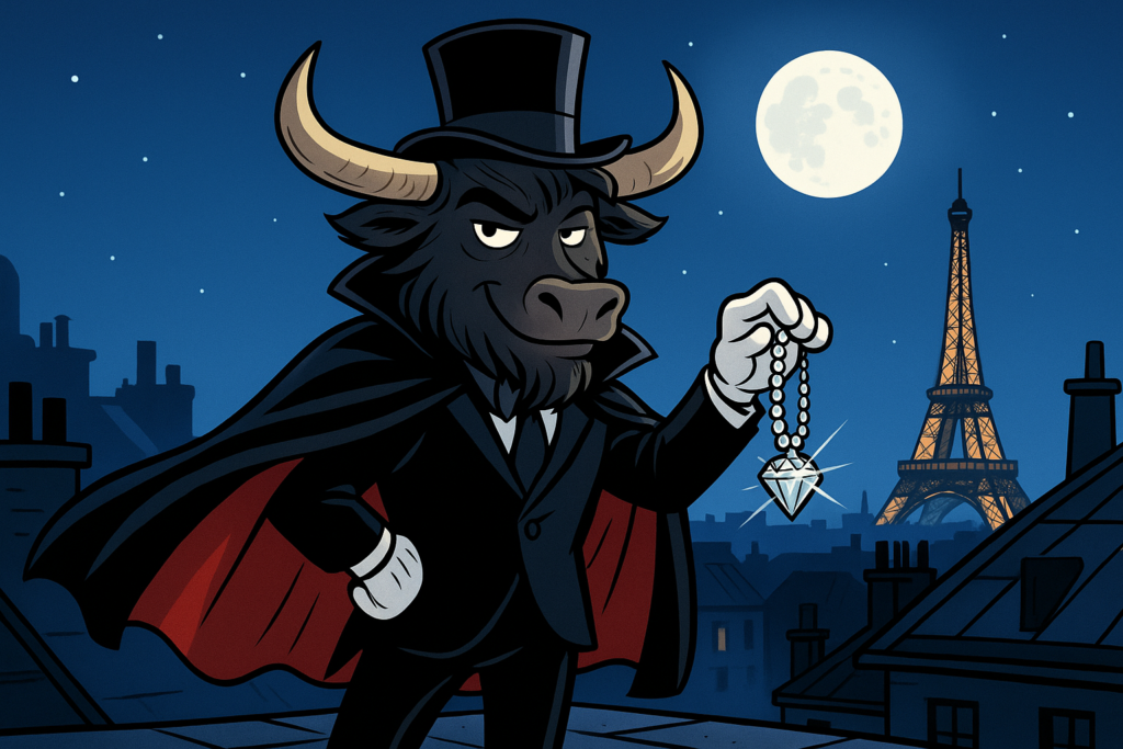 A personified yak in a top hat, cloak, and suit stands on a Paris rooftop at night, holding a diamond necklace, with the Eiffel Tower behind. The yak looks clever and playful.