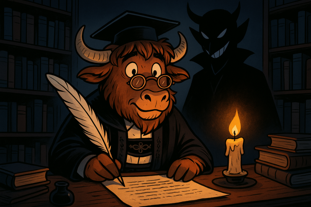 A personified yak dressed as a scholarly Dr. Faust, with shaggy fur and curved horns, stands in a candlelit study, holding a quill over a parchment while a shadowy, grinning devilish figure looms behind him. The yak wears a German-inspired academic robe and cap, and the room is filled with books.