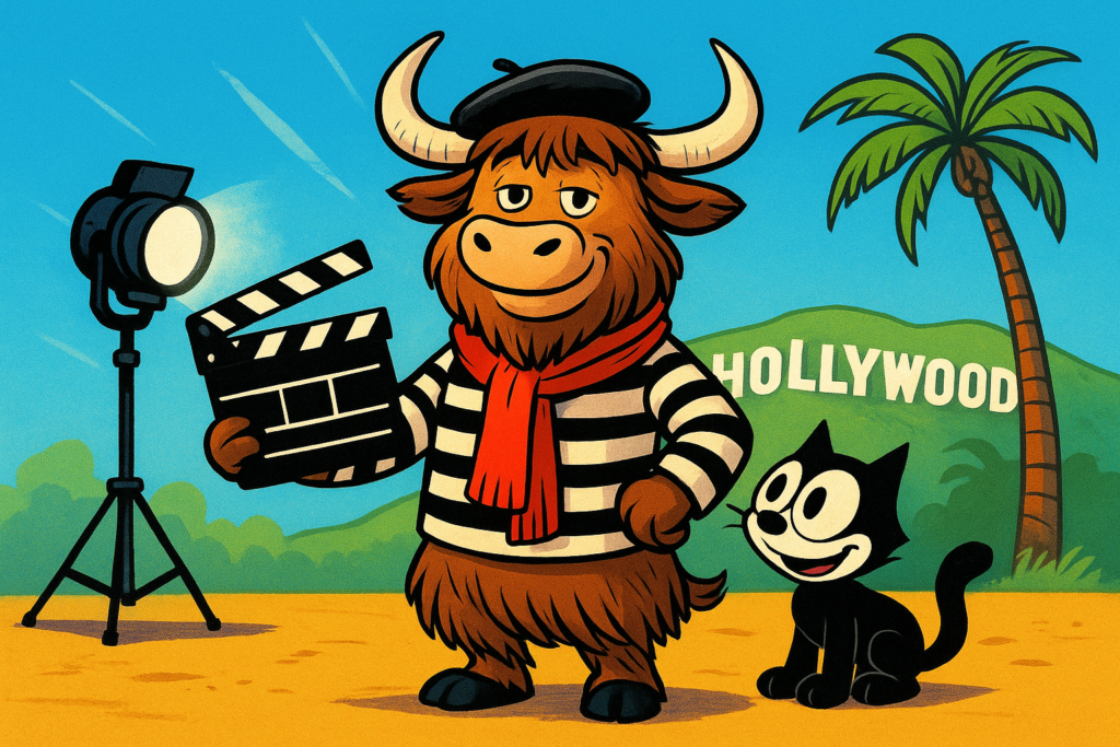 A personified yak dressed as a Hollywood movie director, holding a clapperboard, with a small black cartoon cat beside it, on a colorful movie set with the Hollywood sign in the background.