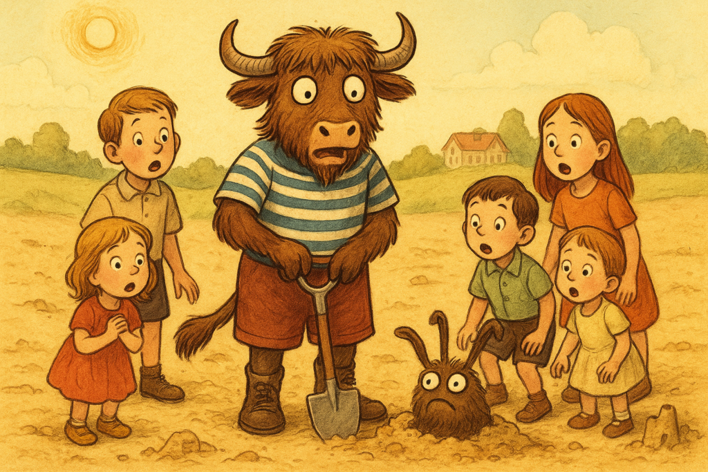 A personified yak in vintage children's clothes stands with five human children in a sand pit, all staring at a small, furry, grumpy sand-fairy with eyes on stalks.