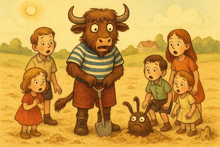 A personified yak in vintage children's clothes stands with five human children in a sand pit, all staring at a small, furry, grumpy sand-fairy with eyes on stalks.
