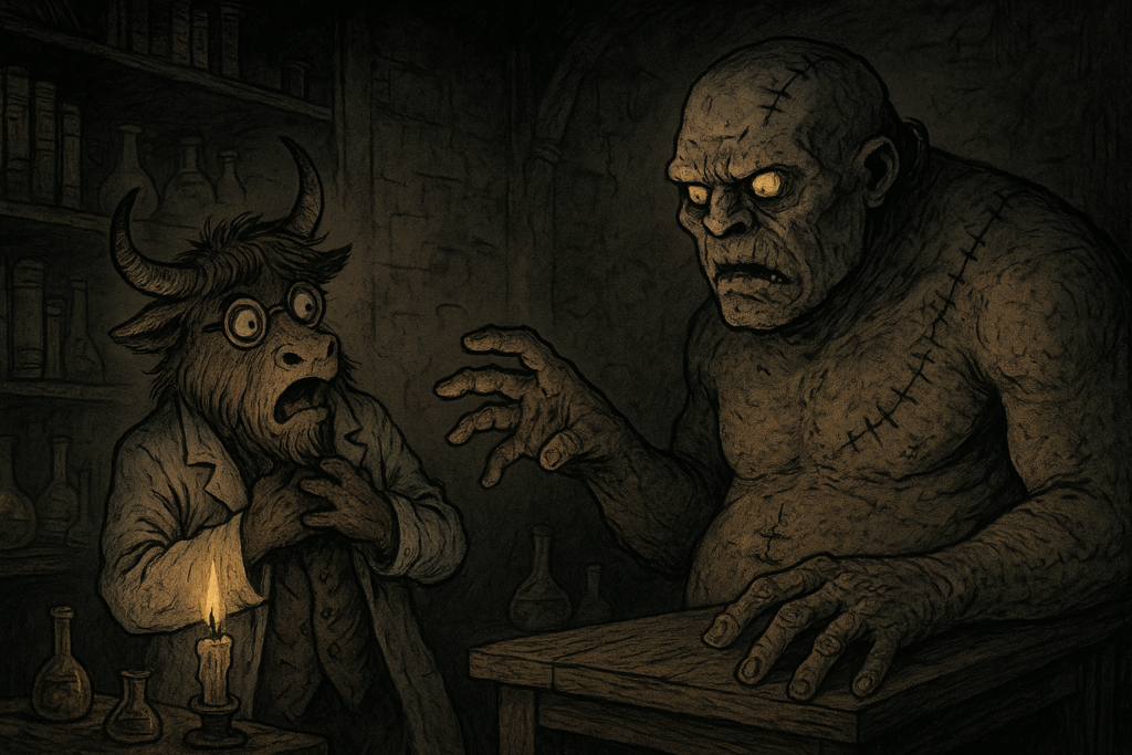 A yak dressed as a Victorian scientist looks terrified as a huge stitched creature sits up and reaches toward him in a candlelit lab.