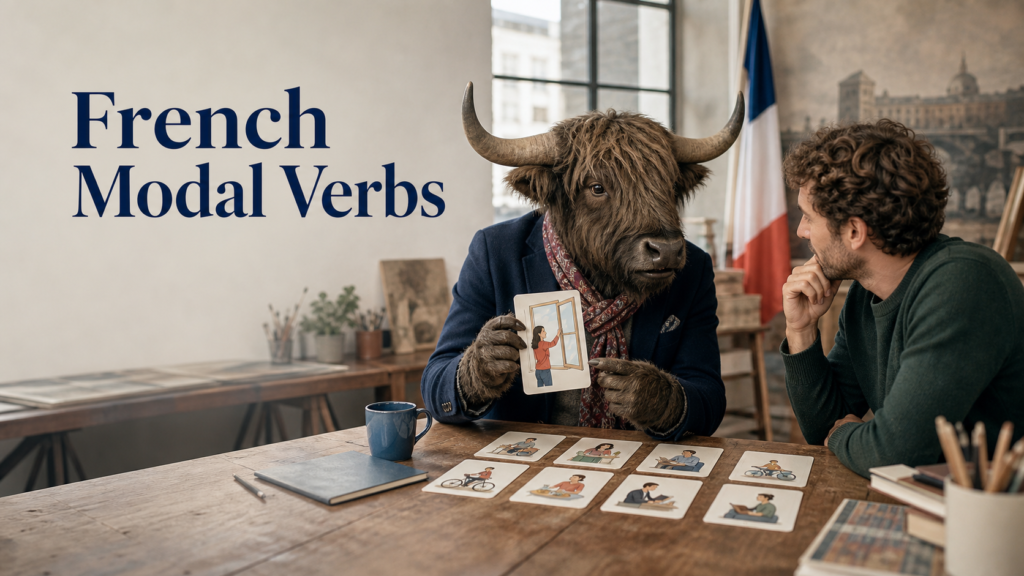 Adult Yak Yacker teaching French modal verbs at a Paris market stall.