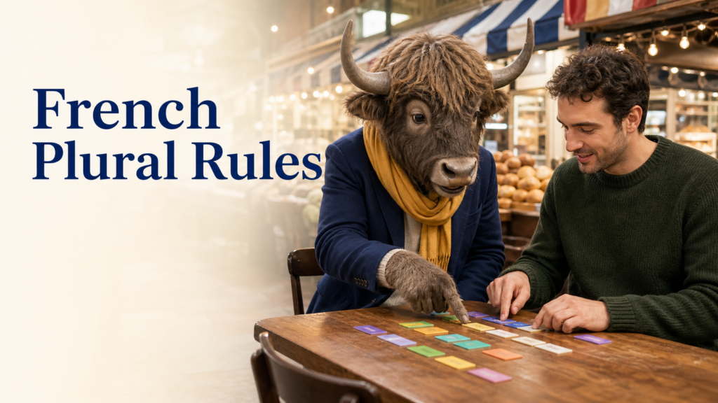Adult Yak Yacker teaching French plural rules in a Bordeaux bookshop.