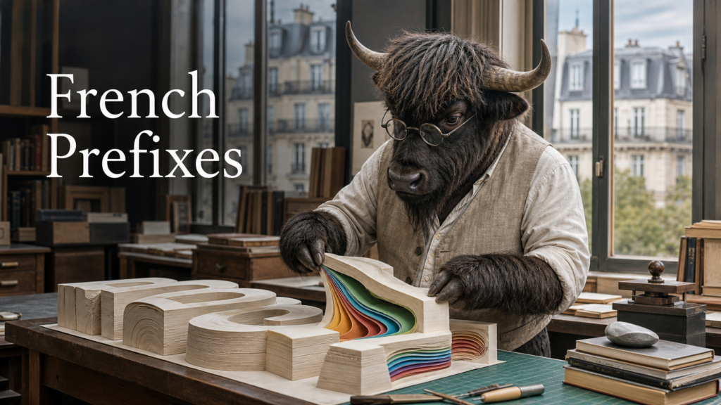 Adult Yak Yacker exploring French prefixes in a Parisian bookbinding atelier.