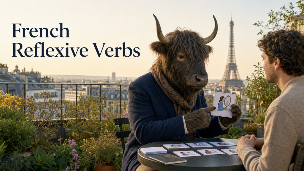 Adult Yak Yacker teaching French reflexive verbs on a Nice hotel terrace.