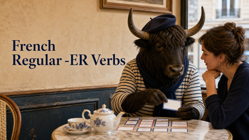 Adult Yak Yacker teaching French Regular -ER Verbs in traditional tea house.