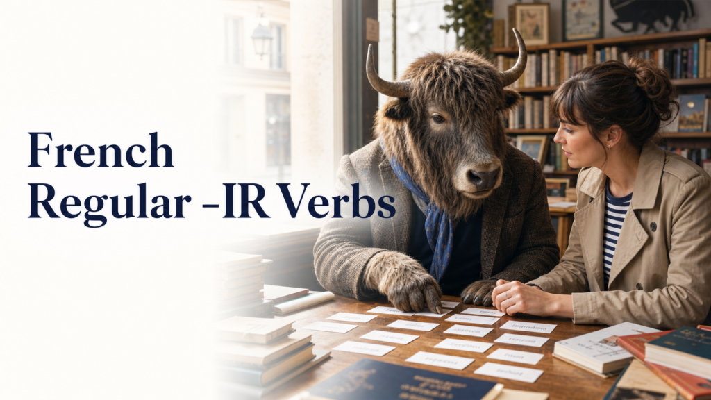 Adult Yak Yacker teaching French Regular -IR Verbs in sunlit independent bookshop.