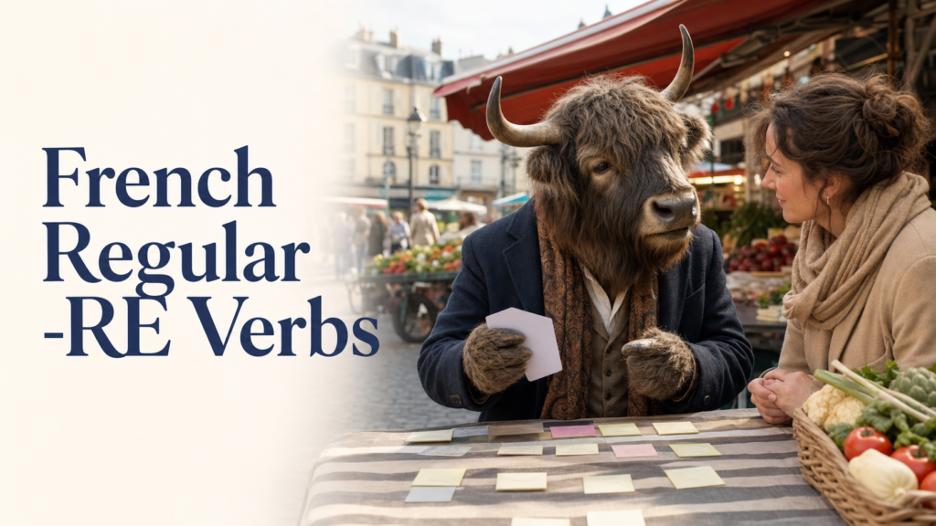 Adult Yak Yacker teaching French Regular -RE Verbs in busy neighbourhood market.