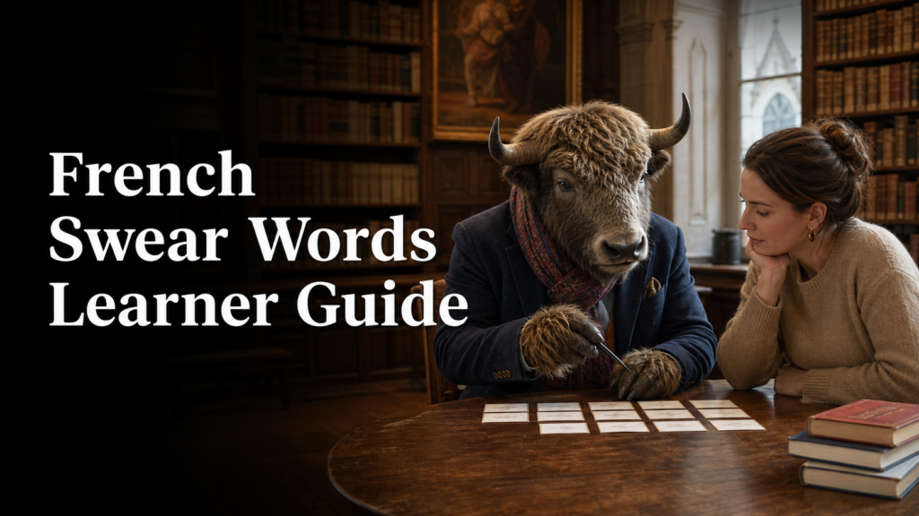 Adult Yak Yacker teaching French Swear Words Learner Guide in quiet historic library.