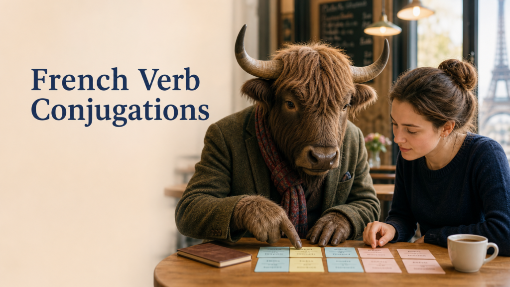 Adult Yak Yacker teaching French Verb Conjugations in warm cafÃ© classroom.